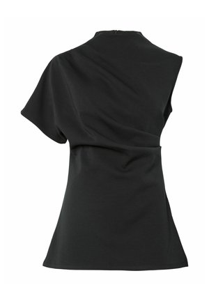 Zwarte asymmetrische top met korte mouwen, met geplooide stofdetail en een getailleerde taille, voorzien van een ritssluiting aan de achterkant.