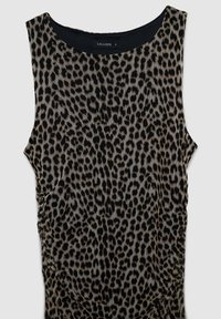 Schwarzes und beiges ärmelloses Top mit Leopardenmuster, mit gerafften Seitendetails und rundem Ausschnitt, beschriftet mit 'CALLIOPE S'.