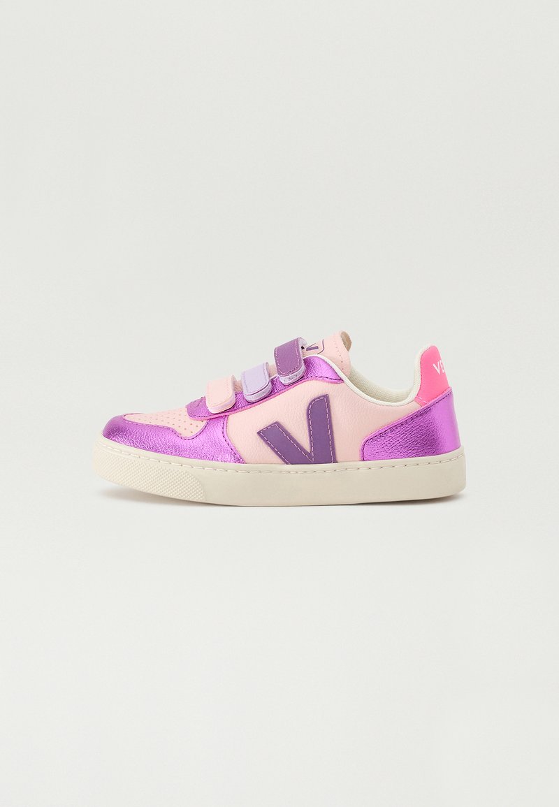Pink and purple sneaker with velcro straps, smooth and textured materials, rounded toe, and contrasting logo detail. Rubber sole.
