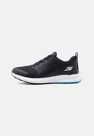 Black and blue athletic sneaker with white sole, breathable mesh upper, lace-up design, and logo on the side.