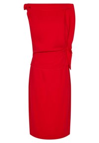 Robe rouge à épaules dénudées avec un corsage ajusté, un détail de nœud sur le côté et une jupe droite. Confectionnée dans un tissu lisse et structuré.