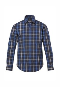 Camisa de cuadros en azul y negro hecha de tejido entrelazado, con cuello abotonado, mangas largas y dobladillo curvado.