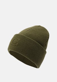 Gorro de lana trenzada de color verde aceituna con textura de canalé y puño doblado, que presenta un sutil detalle de logo. Hecho de un material suave y cálido.