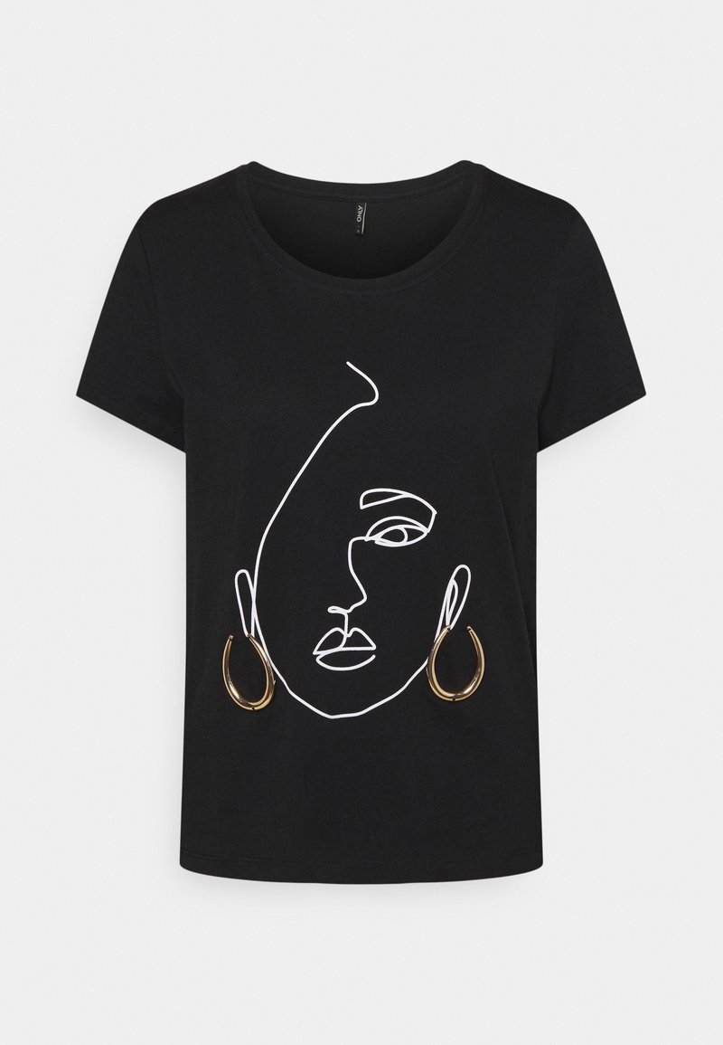 T-shirt noir à manches courtes avec un design de visage en ligne blanche et des boucles d'oreilles en métal doré incorporées dans l'imprimé.