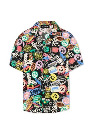 Sort kortærmet skjorte med knapper foran og farverige, legende patches, herunder kranier, pizza, smileyer, bjørne og ordet "Barrow" gentaget.