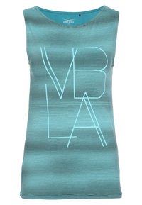 Top senza maniche di colore teal con righe orizzontali, caratterizzato da una grande grafica bianca "VRLA". Realizzato in un materiale liscio e leggero.