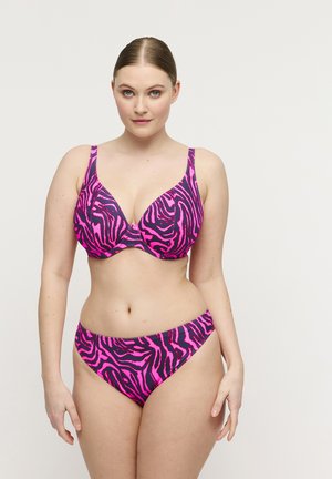 Roze en donkergrijze zebraprint bikini set met een gewatteerde beha en bijpassende hipster slip; gladde stof, verstelbare bandjes en naadloze randen.