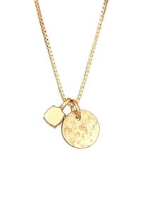 Goldene Anhänger-Halskette mit einem strukturierten runden Charm und einem kleineren dekorativen Charm an einer quadratischen Gliederkette.