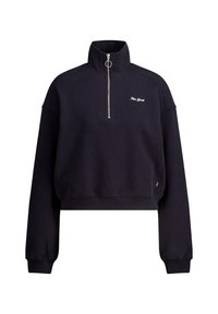 Merkkivärinen navy sininen lyhyt huppari korkealla kauluksella, etuvetoketjulla ja kirjailtu "New York" -yksityiskohta. Pehmeää materiaalia rentoa istuvuutta varten.