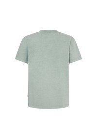 Šviesiai žalias medvilninis marškinėliai, trumpomis rankovėmis, apvaliu iškirpimu, vientisa spalva, lygi tekstūra, tiesus kirpimas, be matomų raštų ar papuošimų.