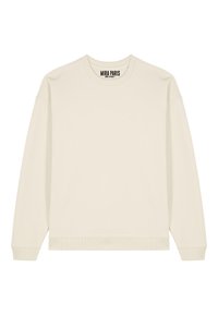 Sudadera color crema con mangas largas, cuello redondo y puños de canalé. Tejido suave con una textura lisa, que presenta un logo en el interior del cuello.