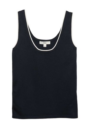 Marineblå ærmeløs tanktop med hvid kant rundt om den rundede halsudskæring, lavet af ribstrikket stof, mærket M&S.