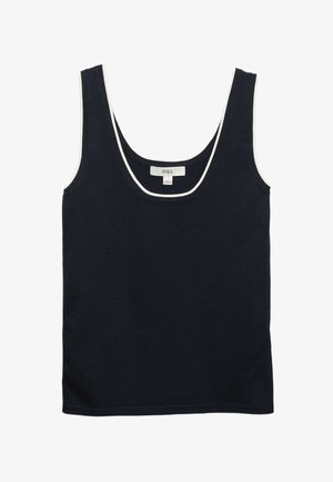 Granatowy bezrękawnik z białą lamówką wokół dekoltu w serek, wykonany z prążkowanej tkaniny, oznaczony jako M&S.