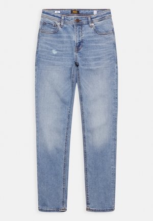 Lyseblå denimjeans med et lige snit, der har en falmet plet foran, kontrasterende syninger og et fem-lommer-design.