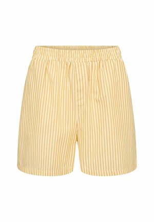 Sárga és fehér, függőlegesen csíkos, rugalmas derékpántú rövidnadrág.