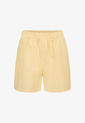 Geel-witte, verticaal gestreepte shorts met een elastische tailleband.