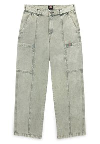 Cargo kalhoty ve vybledlé zelené džínovině s vysokým pasem, bočními kapsami a rovným střihem. Viditelné švy a detaily s nášivkou značky.