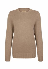 Beżowy sweter dziany z okrągłym dekoltem, długimi rękawami oraz ściągaczami przy rękawach i dolnym brzegu. Miękka tekstura i gładki fason, bez widocznych wzorów.