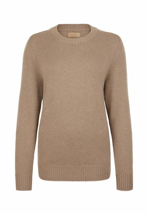 Beige knitted sweater with a round neckline, long sleeves, and ribbed cuffs and hem. Soft texture and plain design, no visible patterns.