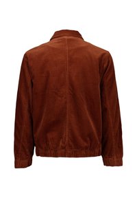 Brązowa sztruksowa kurtka o prążkowanej fakturze, z elastycznymi mankietami i kołnierzem. Tył ma prosty, bezszwowy design.