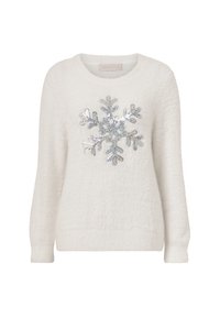 Weißer, flauschiger Pullover mit strukturierter Optik und einem funkelnden silbernen Schneeflockenmotiv in der Mitte. Lange Ärmel und runder Halsausschnitt.