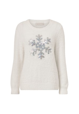 Hvid fuzzy sweater med en struktureret finish og et glitrende sølv snefnug design i midten. Langærmede og med rund halsudskæring.