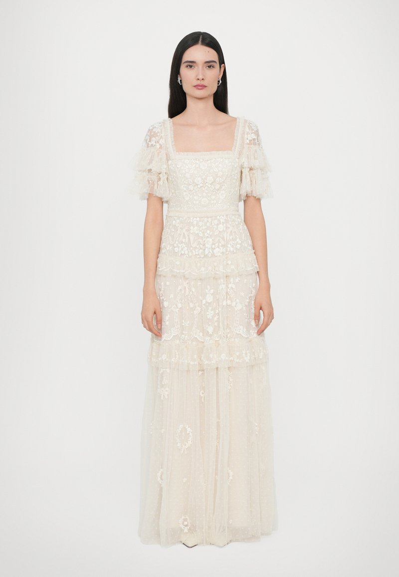 needle & thread embroidered lace tiered maxi dress in ivory EMBROIDERED LACE TIERED MAXI DRESS