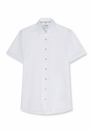 Weißes kurzärmeliges Hemd mit Kragen, sieben Knöpfen und schlankem Schnitt.