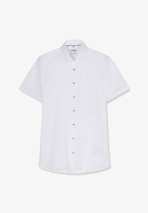 Weißes kurzärmeliges Hemd mit Kragen, sieben Knöpfen und schlankem Schnitt.