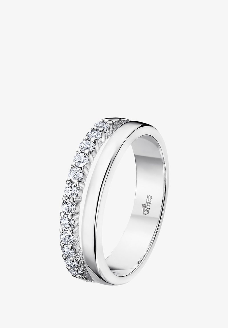 White gold ring with a smooth band, featuring a row of round diamonds along one side and intricate textured detail on the other.