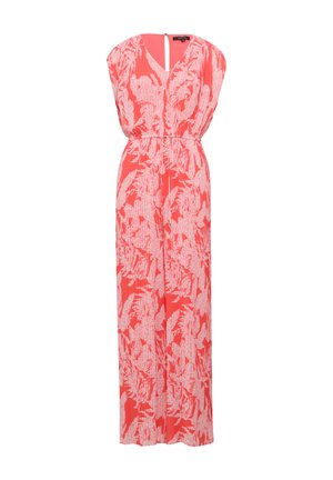 Long, coral dress with a V-neck and flutter sleeves. Features a leaf pattern in white, gathered waist, and a keyhole back opening.