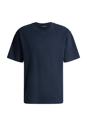 Schlichtes marineblaues T-Shirt mit kurzen Ärmeln und Rundhalsausschnitt, in regulärer Passform, vor weißem Hintergrund dargestellt.