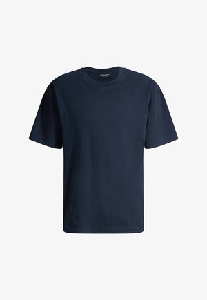 Schlichtes marineblaues T-Shirt mit kurzen Ärmeln und Rundhalsausschnitt, in regulärer Passform, vor weißem Hintergrund dargestellt.