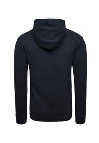 Navy blue hoodie made of soft fabric, featuring a drawstring hood, long sleeves, and ribbed cuffs and hem. Plain back view.