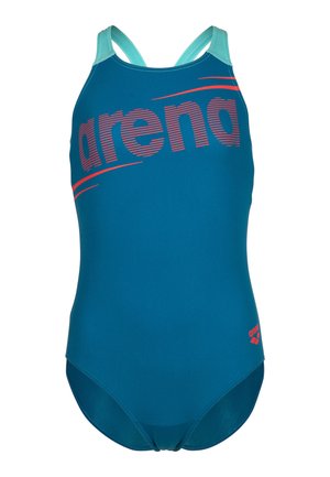 Maillot de bain une pièce bleu avec des bretelles bleu clair et un grand logo rouge "arena" sur la poitrine.