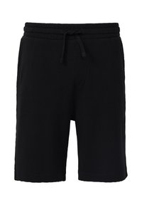 Schwarze knielange Shorts aus strukturiertem Stoff. Mit elastischem Bund und Kordelzug sowie seitlichen Taschen.