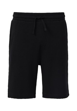 Schwarze knielange Shorts aus strukturiertem Stoff. Mit elastischem Bund und Kordelzug sowie seitlichen Taschen.