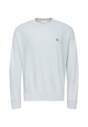 Lichtgrijze trui met lange mouwen en ronde hals, met een klein groen "cK"-logo op de linkerborst en geribbelde manchetten en zoom.