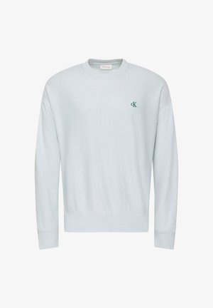 Lichtgrijze trui met lange mouwen en ronde hals, met een klein groen "cK"-logo op de linkerborst en geribbelde manchetten en zoom.