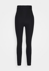 Černé hladké legíny s vysokým pasem, širokým pasem a laserem řezaným větráním podél spodní části nohavic.