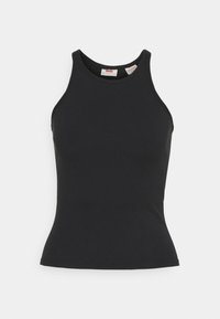 Schwarzes, geripptes, ärmelloses Tanktop mit hochgeschlossenem Ausschnitt und taillierter Passform, flach auf einem weißen Hintergrund ausgelegt.