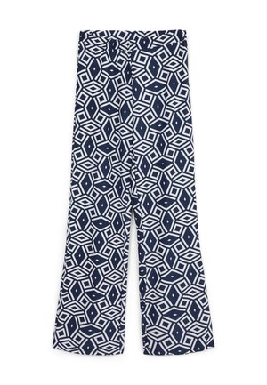 Pantaloni a gamba larga con motivo navy caratterizzati da un design geometrico bianco. Realizzati in tessuto leggero con una vita elasticizzata per il massimo comfort.