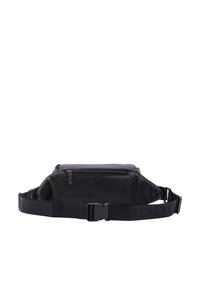 Marsupio in nylon nero con superficie testurizzata, dotato di tasca frontale con zip e tracolla regolabile con marchio.