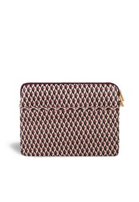 Laptop sleeve with a geometric pattern of maroon and cream hues. Features a smooth, textured surface and a zip closure.