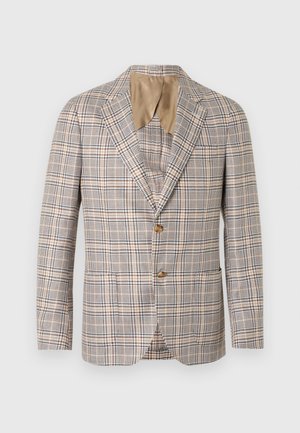 Blazer a quadri in tonalità beige, marrone e blu; presenta due bottoni, rever a lancia e una fodera interna beige semplice.