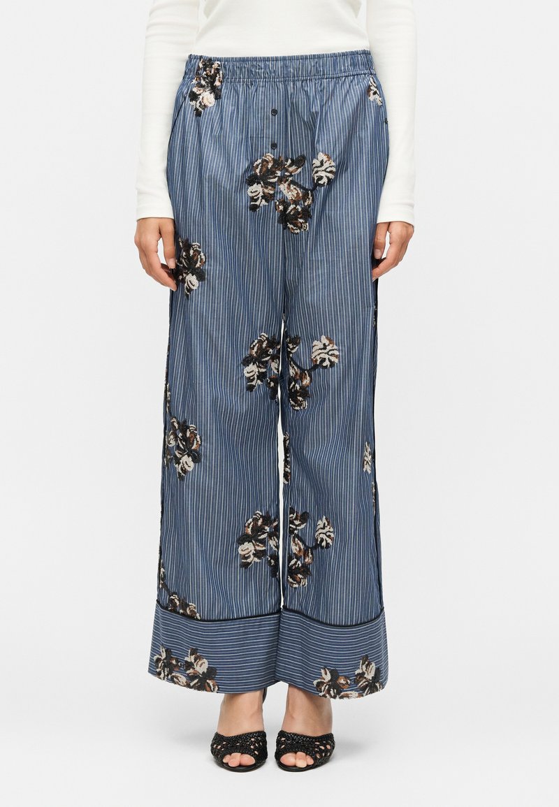 Pantalon bleu à jambes larges à fines rayures avec broderie florale, ourlets retroussés et talons ouverts tissés noirs sur une personne portant un haut blanc à manches longues.