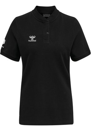 Zwarte poloshirt van katoen met een opgestikte kraag, korte mouwen en geborduurd logo op de borst en mouw. Eenvoudig ontwerp.