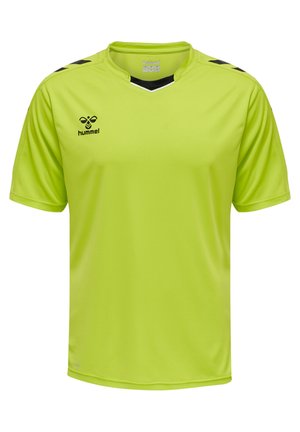 Neongele sportshirt met zwarte accenten. Heeft een V-hals ontwerp en korte mouwen. Gemaakt van een gladde, lichte stof.