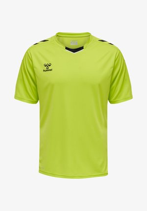 Neongele sportshirt met zwarte accenten. Heeft een V-hals ontwerp en korte mouwen. Gemaakt van een gladde, lichte stof.