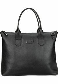 Sac à main en cuir noir avec surface texturée, poignées doubles, fermeture à zip et un petit patch logo. Forme spacieuse et rectangulaire.